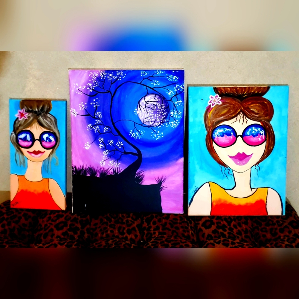 Acrylic Paintings, Small Hot Girl and Large Hot Girl, and Purple Moon